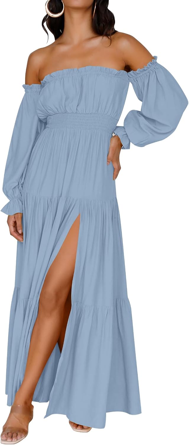 ZESICA Womens Fall Long Sleeve Boho Off Shoulder Maxi Dresses | Sexy Side Split, Flowy A Line, Puff\/Lantern Sleeve, High Waist, 2026 Trendy Long Dress, Wedding Guest Dress, Maternity Dress
