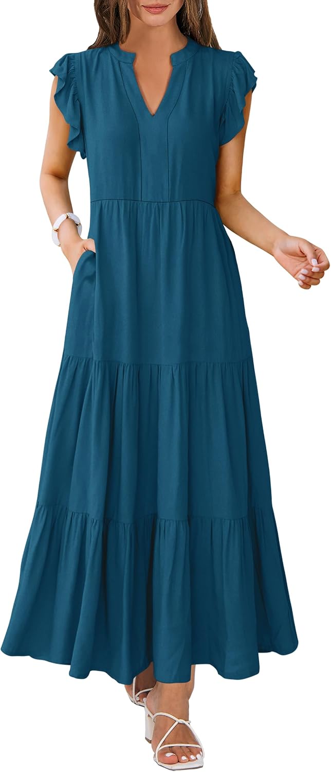 ANRABESS Womens Summer Dress Ruffle Sleeve V Neck Vacation Maxi Dresses | Flowy Tiered Boho Beach Sundress, Casual Fit Long Dress with Pockets, Soft Fashion Work Outfits 2026
