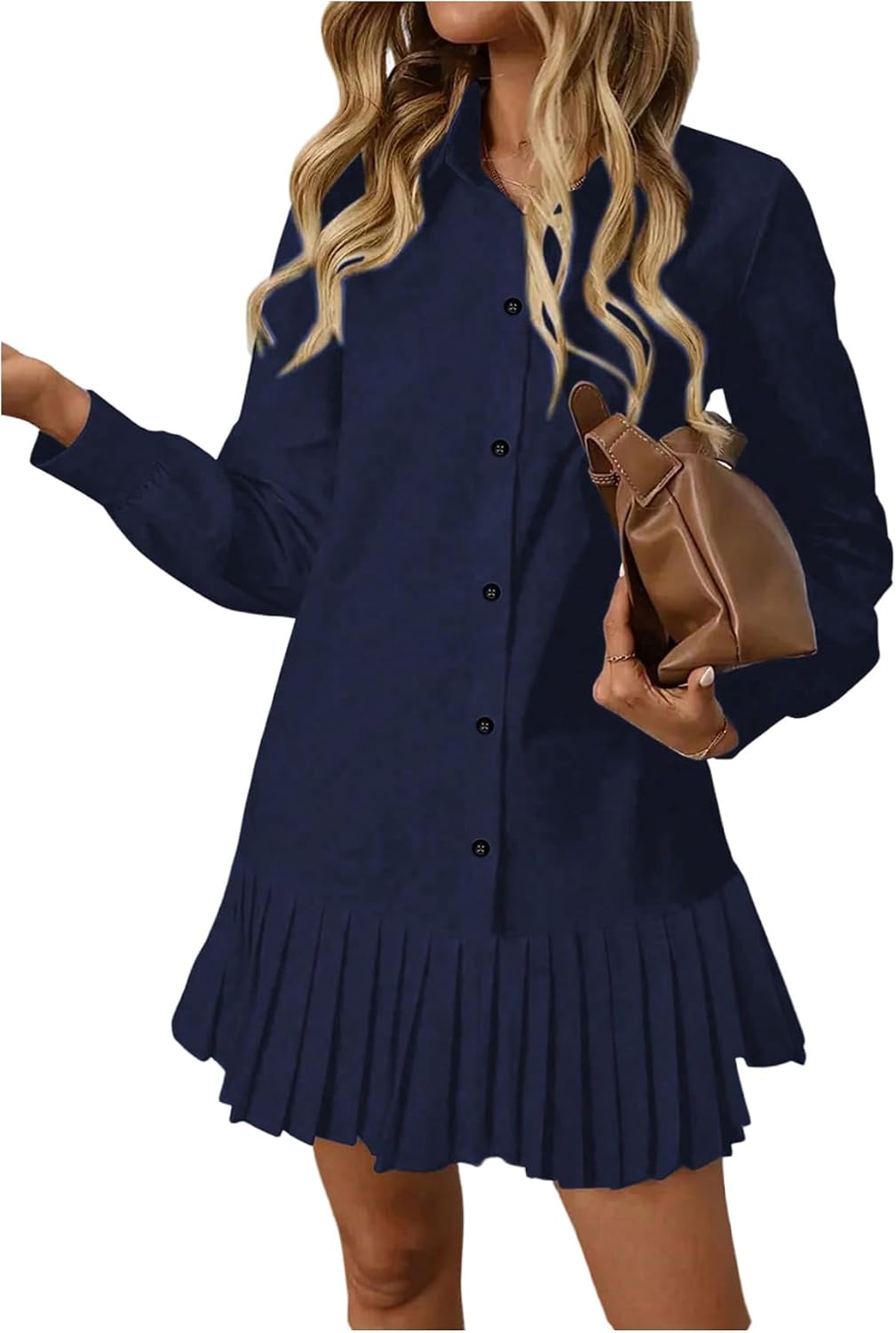 SOLY HUX Women's Button Down Long Sleeve Shirt Dress | Collared, Pleated, Swing Mini Dresses