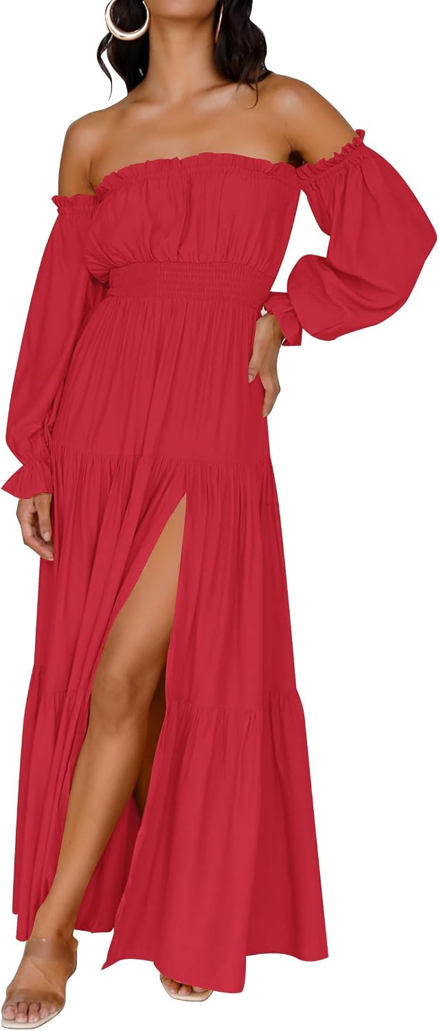 ZESICA Womens Fall Long Sleeve Boho Off Shoulder Maxi Dresses | Sexy Side Split, Flowy A Line, Puff\/Lantern Sleeve, High Waist, 2026 Trendy Long Dress, Wedding Guest Dress, Maternity Dress