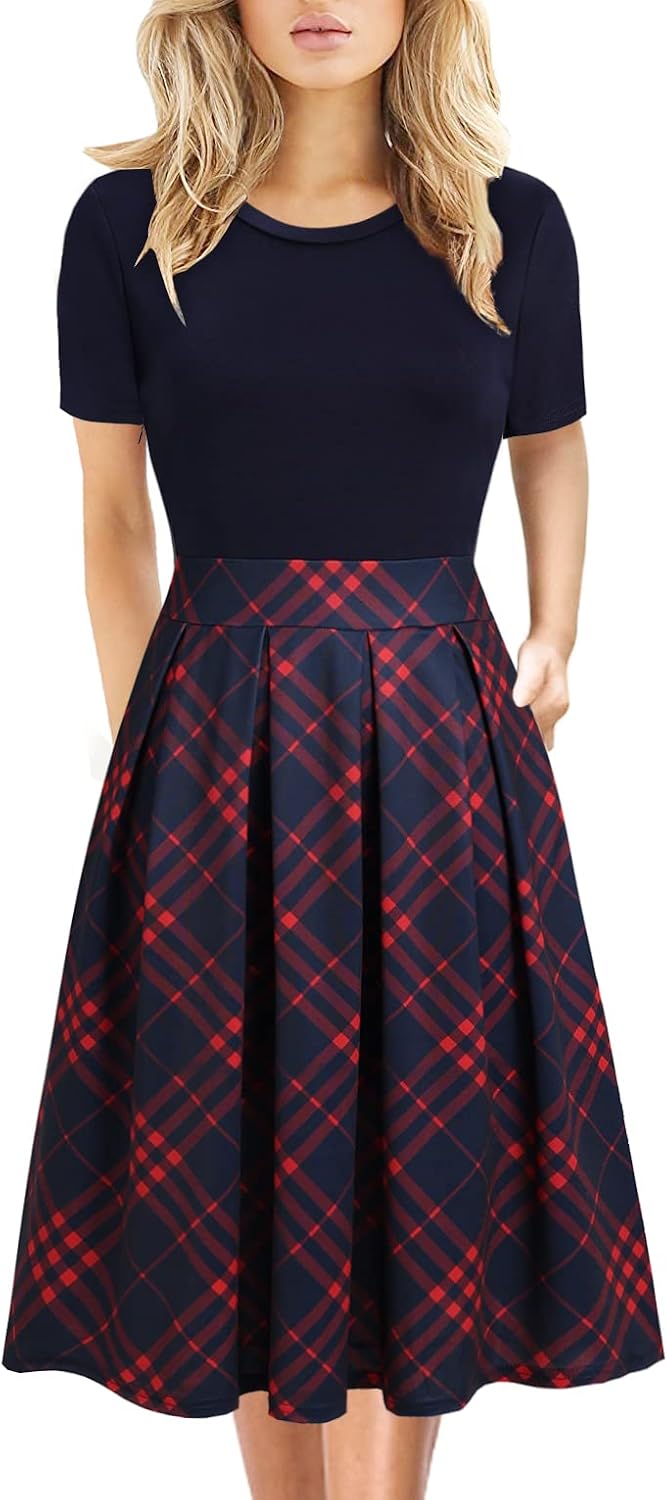 Women's Elegant Knee Length Dresses Vintage Summer Office Casual Floral Print Work Party A-Line Swing Dress with Pockets 162