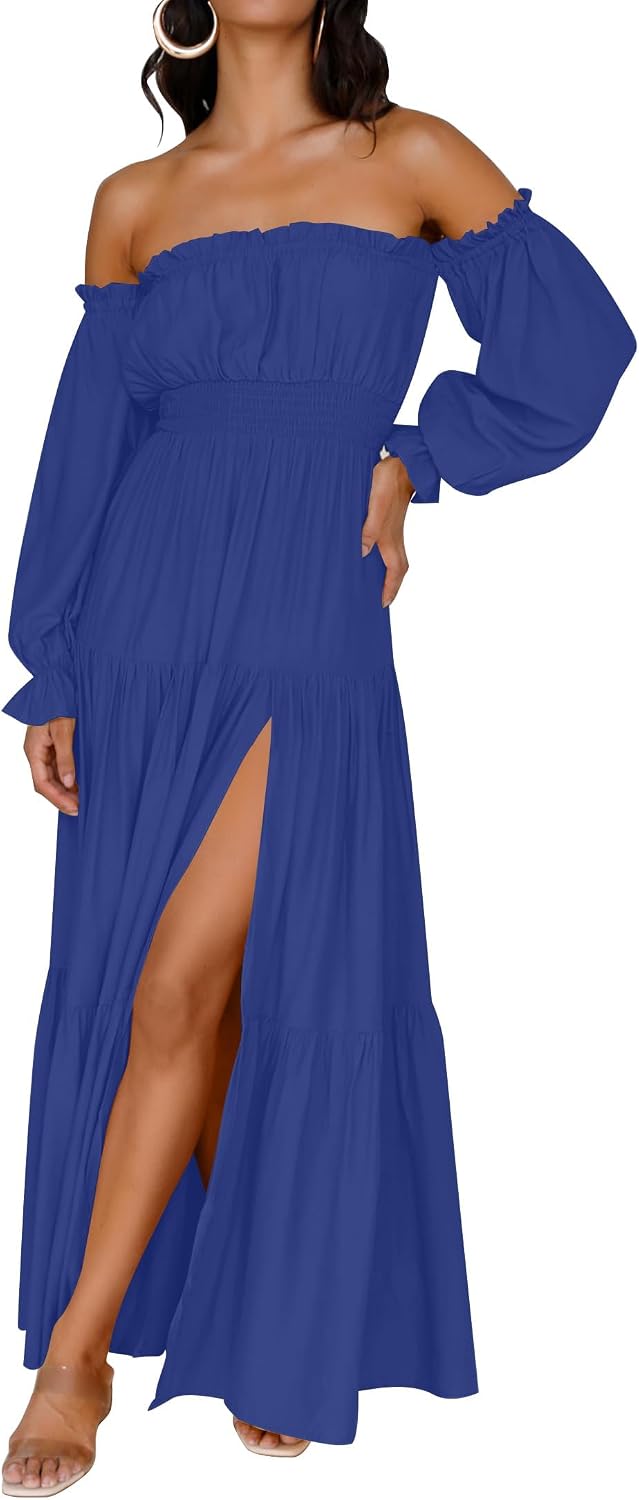 ZESICA Womens Fall Long Sleeve Boho Off Shoulder Maxi Dresses | Sexy Side Split, Flowy A Line, Puff\/Lantern Sleeve, High Waist, 2026 Trendy Long Dress, Wedding Guest Dress, Maternity Dress