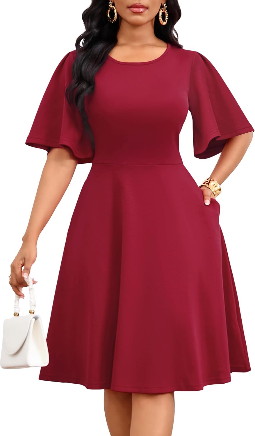 Nmoder Women Ruffle Flared Sleeve Wedding Guest Church A-Line Midi Dress | Flowy short sleeve hiding the arm, practical pockets and zipper, classic crewneck, light and breathable fabric for summer