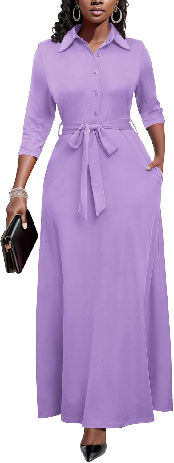 Runwind Womens Maxi Dress 3\/4 Sleeve Button Down Church Dress with Pockets | lapel neck tie waist long dress with belt\/ casual bussiness office dress\/ elegant for wedding guest, dinner party