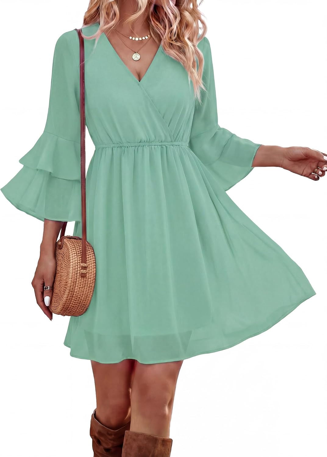 Bebonnie Womens 3\/4 Ruffle Sleeve Spring Summer Casual V Neck Flowy Chiffon Layers Dresses