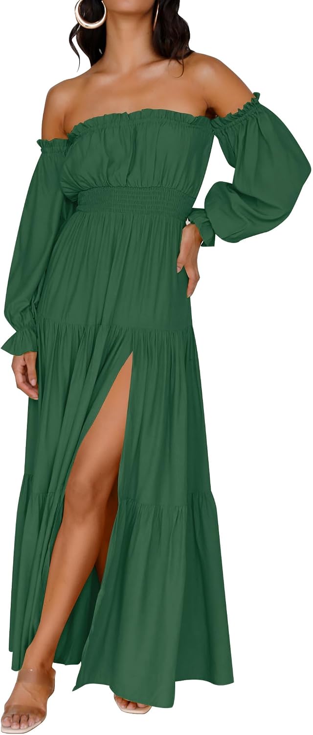ZESICA Womens Fall Long Sleeve Boho Off Shoulder Maxi Dresses | Sexy Side Split, Flowy A Line, Puff\/Lantern Sleeve, High Waist, 2026 Trendy Long Dress, Wedding Guest Dress, Maternity Dress