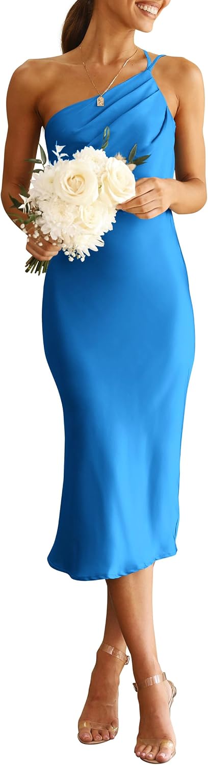 PRETTYGARDEN Women's Satin Backless Midi Cocktail Dress | Silk Fabric, Spaghetti Strap, One Shoulder Asymmetrical, Ruched Bodycon, Wedding Guest Party, Semi Formal Summer Outfits