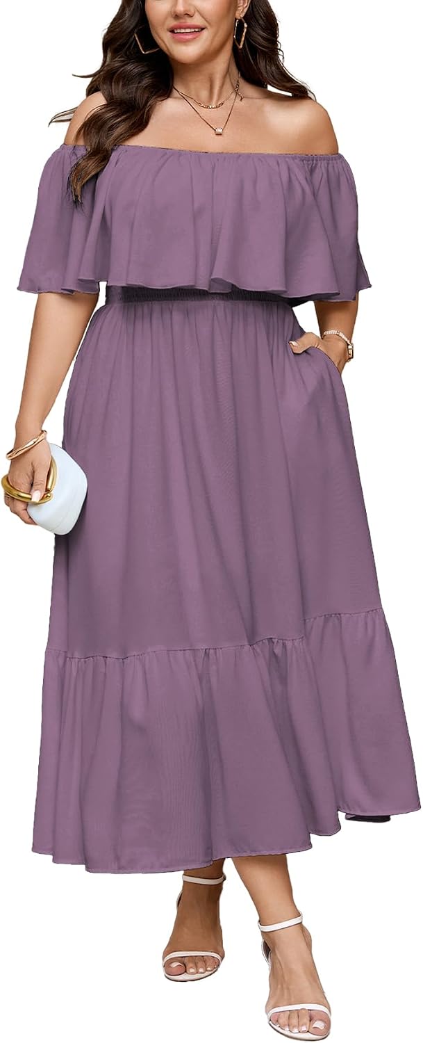 SCOMCHIC Womens Plus Size Wedding Guest Cocktail Dresses | Off The Shoulder, Smocked Waist， Ruffle Slit， Maxi Dress with Pockets