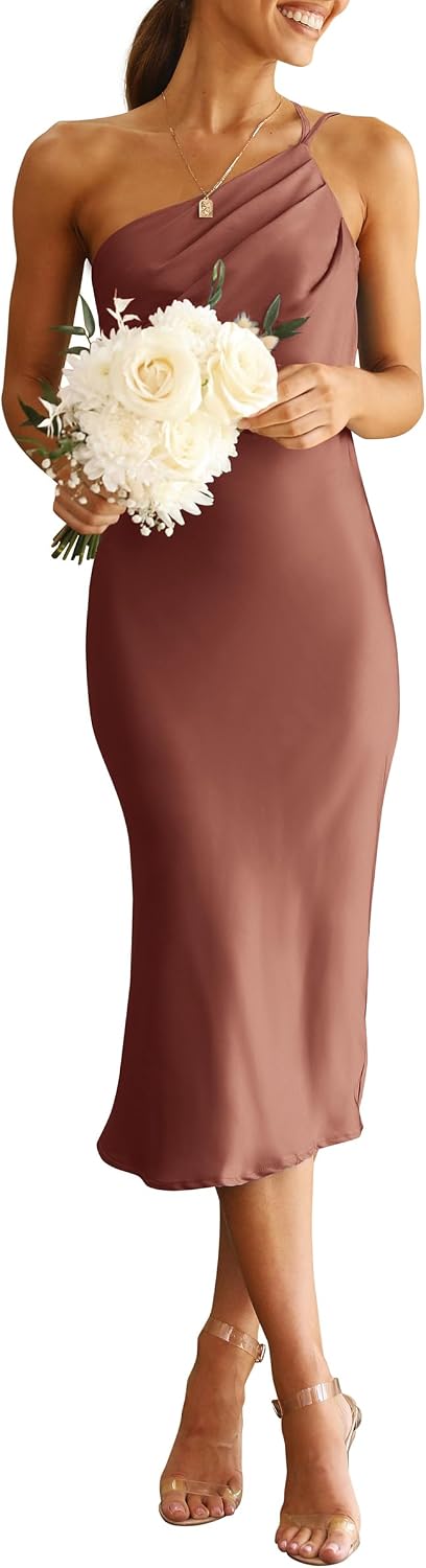PRETTYGARDEN Women's Satin Backless Midi Cocktail Dress | Silk Fabric, Spaghetti Strap, One Shoulder Asymmetrical, Ruched Bodycon, Wedding Guest Party, Semi Formal Summer Outfits
