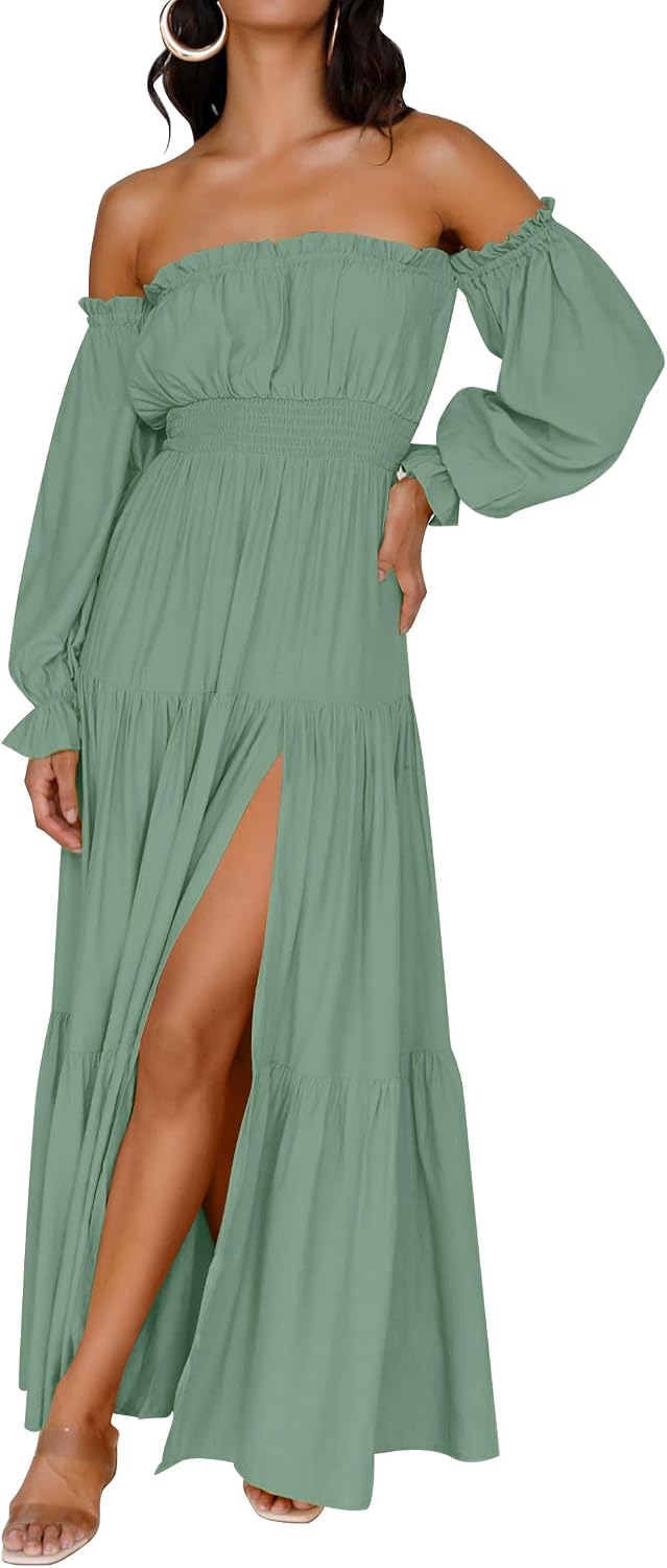 ZESICA Womens Fall Long Sleeve Boho Off Shoulder Maxi Dresses | Sexy Side Split, Flowy A Line, Puff\/Lantern Sleeve, High Waist, 2026 Trendy Long Dress, Wedding Guest Dress, Maternity Dress