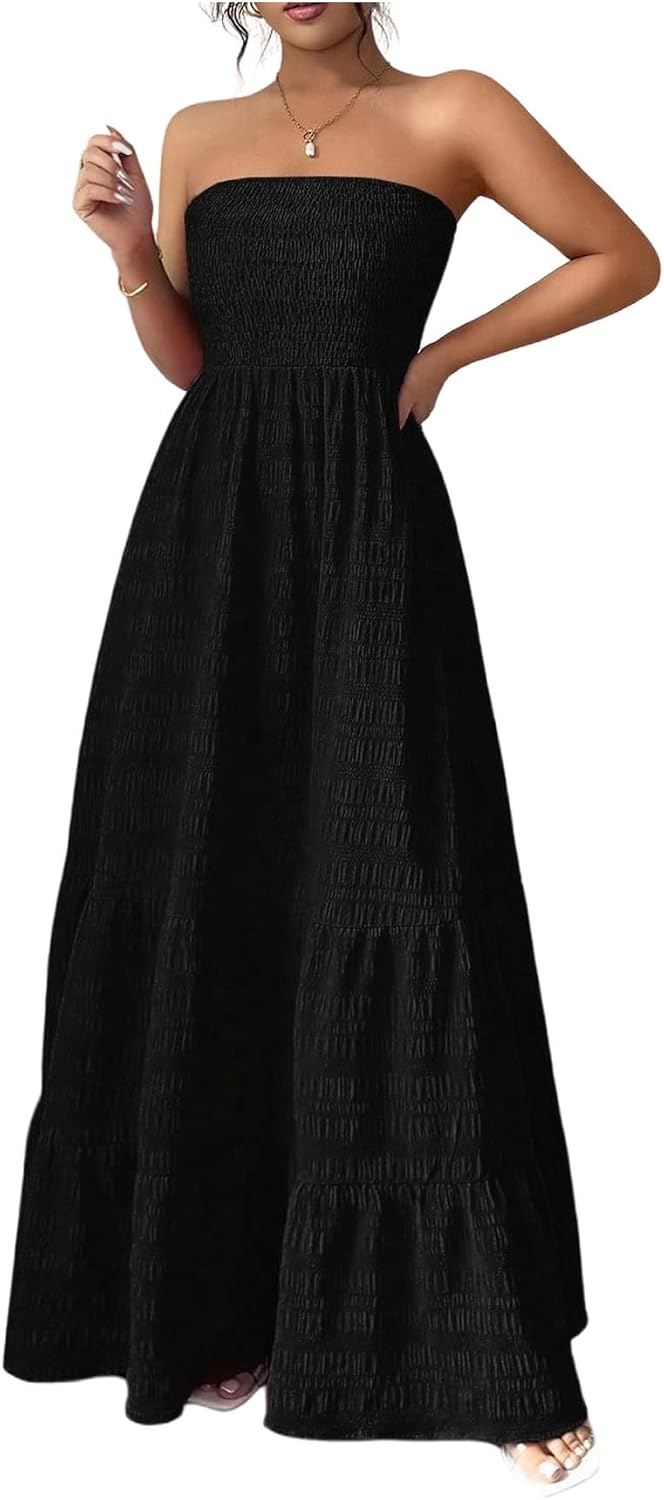 SHENHE Women's Strapless Tube Top Maxi Dress A Line Tiered Flowy Dress | Smocked Waist, Ruffle, Textured, Party Dress, Vacation Dress