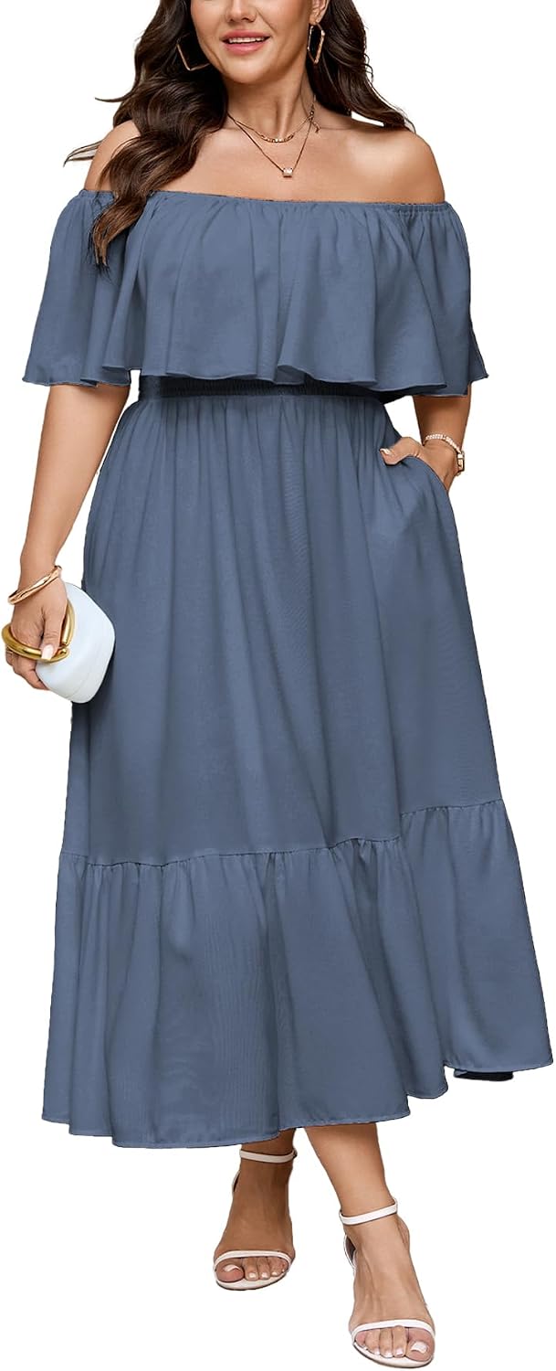 SCOMCHIC Womens Plus Size Wedding Guest Cocktail Dresses | Off The Shoulder, Smocked Waist， Ruffle Slit， Maxi Dress with Pockets