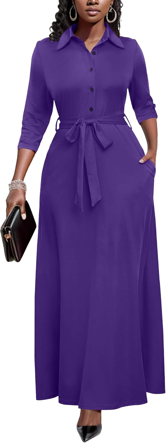 Runwind Womens Maxi Dress 3\/4 Sleeve Button Down Church Dress with Pockets | lapel neck tie waist long dress with belt\/ casual bussiness office dress\/ elegant for wedding guest, dinner party