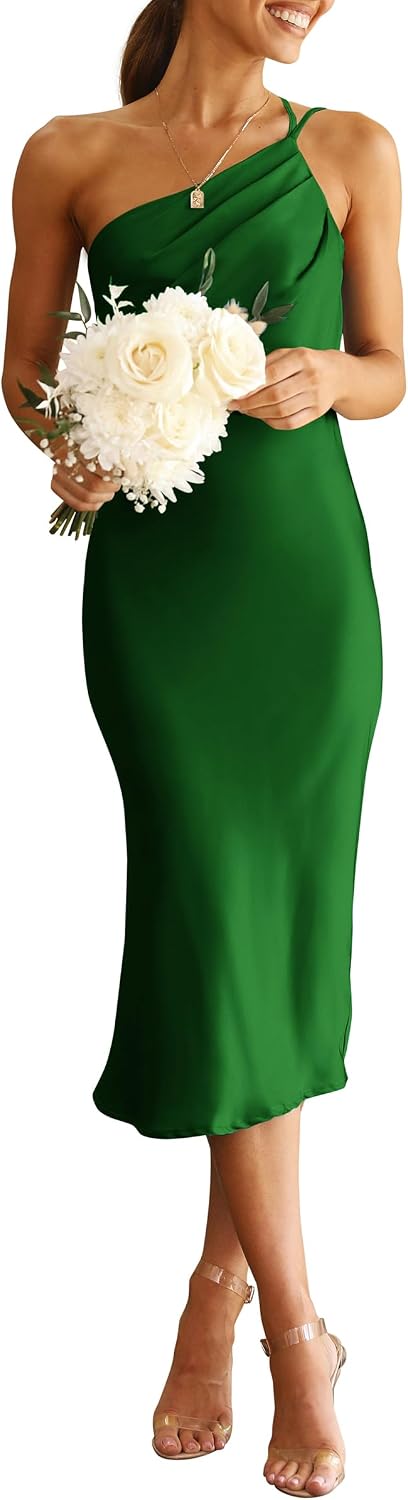 PRETTYGARDEN Women's Satin Backless Midi Cocktail Dress | Silk Fabric, Spaghetti Strap, One Shoulder Asymmetrical, Ruched Bodycon, Wedding Guest Party, Semi Formal Summer Outfits