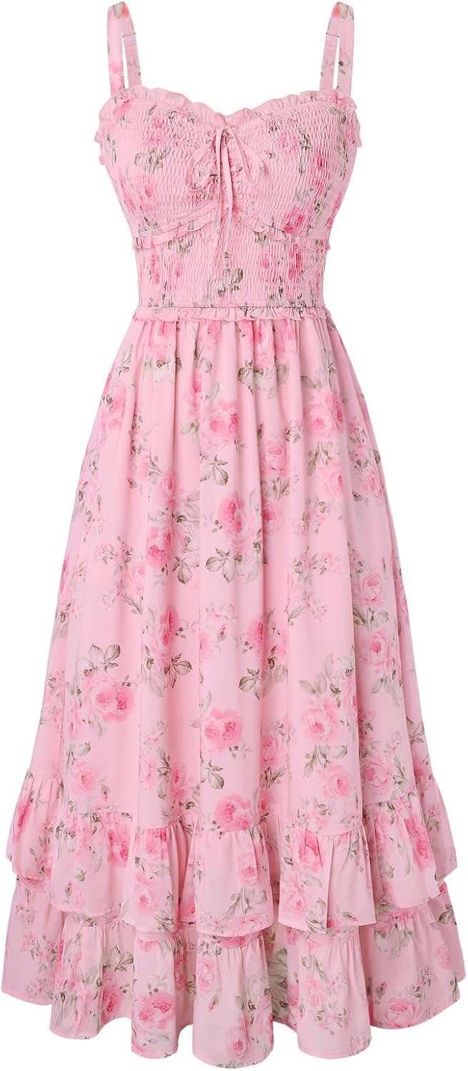 Scarlet Darkness Women's Floral Dress Smocked Sundress with Pockets | Cottagecore Milkmaid Summer Spring Dresses, A line, Flowy, Ankle Length, for Casual, Vacation, Wedding Guest, Tea Party