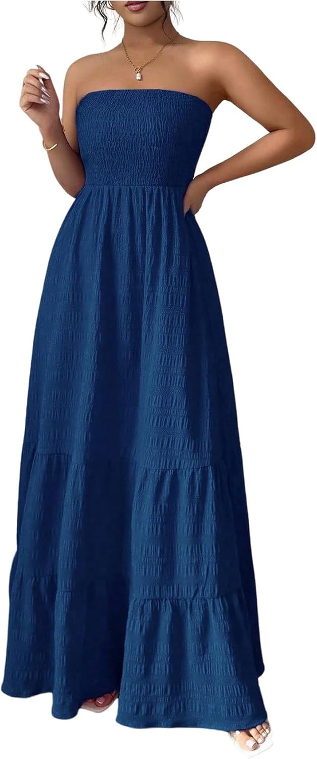 SHENHE Women's Strapless Tube Top Maxi Dress A Line Tiered Flowy Dress | Smocked Waist, Ruffle, Textured, Party Dress, Vacation Dress