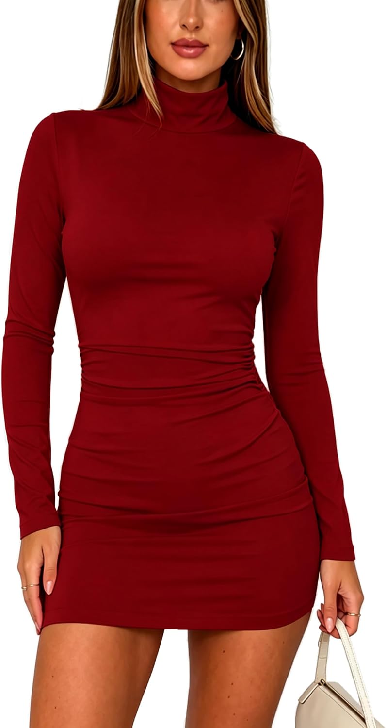 ForeFair Womens Turtleneck Long Sleeve Bodycon Mini Dress Casual Going Out