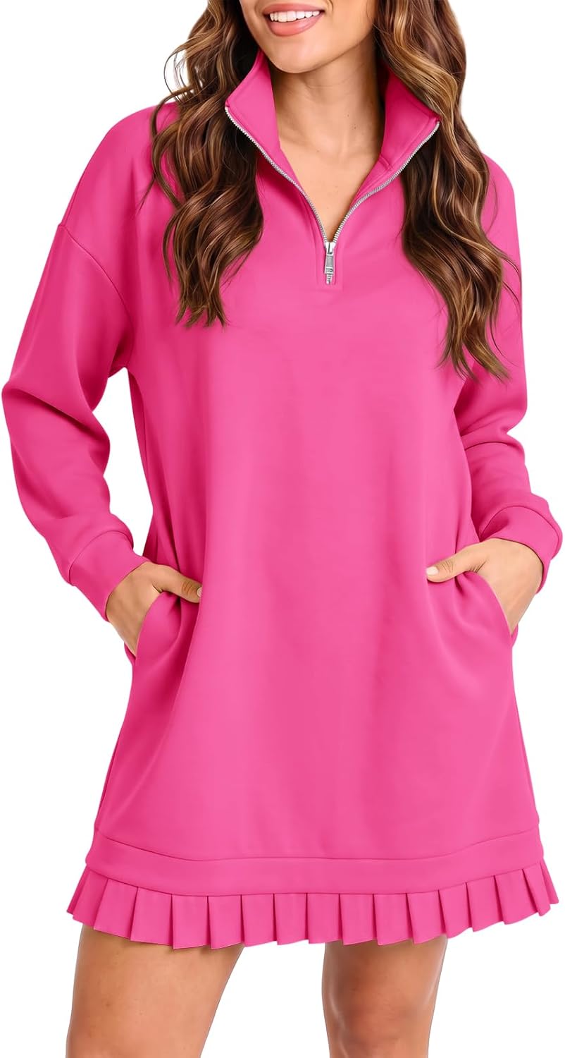 Fisoew Womens Casual Dress Half Zip Pleated Collared Sweatshirt Dresses | Long Sleeve, V Neck, Pockets, Stand Collar, Quarter Zip, Loose Fit, Active, Workout, Cozy, Travel, Vacation, Tunic, Tshirt