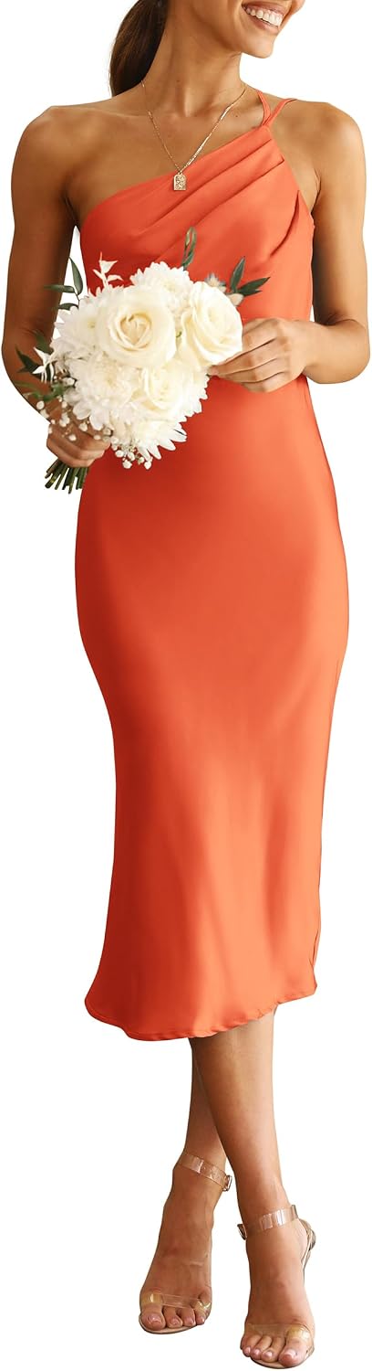 PRETTYGARDEN Women's Satin Backless Midi Cocktail Dress | Silk Fabric, Spaghetti Strap, One Shoulder Asymmetrical, Ruched Bodycon, Wedding Guest Party, Semi Formal Summer Outfits