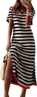 Dokotoo Womens 2026 Short Sleeve Maxi Dress Striped Split T Shirt Dress | Summer Spring Fall,V Neck,Long Dresses,Sundress,Casual Trendy,Vacation Cruise Outfits,Resort Wear