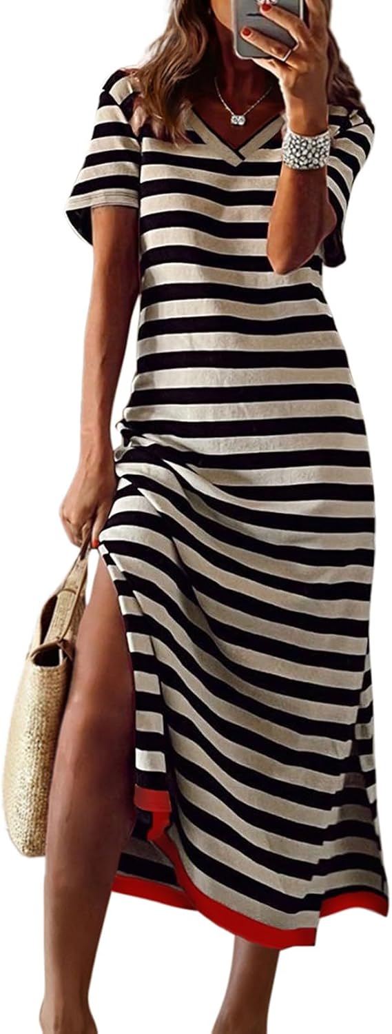 Dokotoo Womens 2026 Short Sleeve Maxi Dress Striped Split T Shirt Dress | Summer Spring Fall,V Neck,Long Dresses,Sundress,Casual Trendy,Vacation Cruise Outfits,Resort Wear