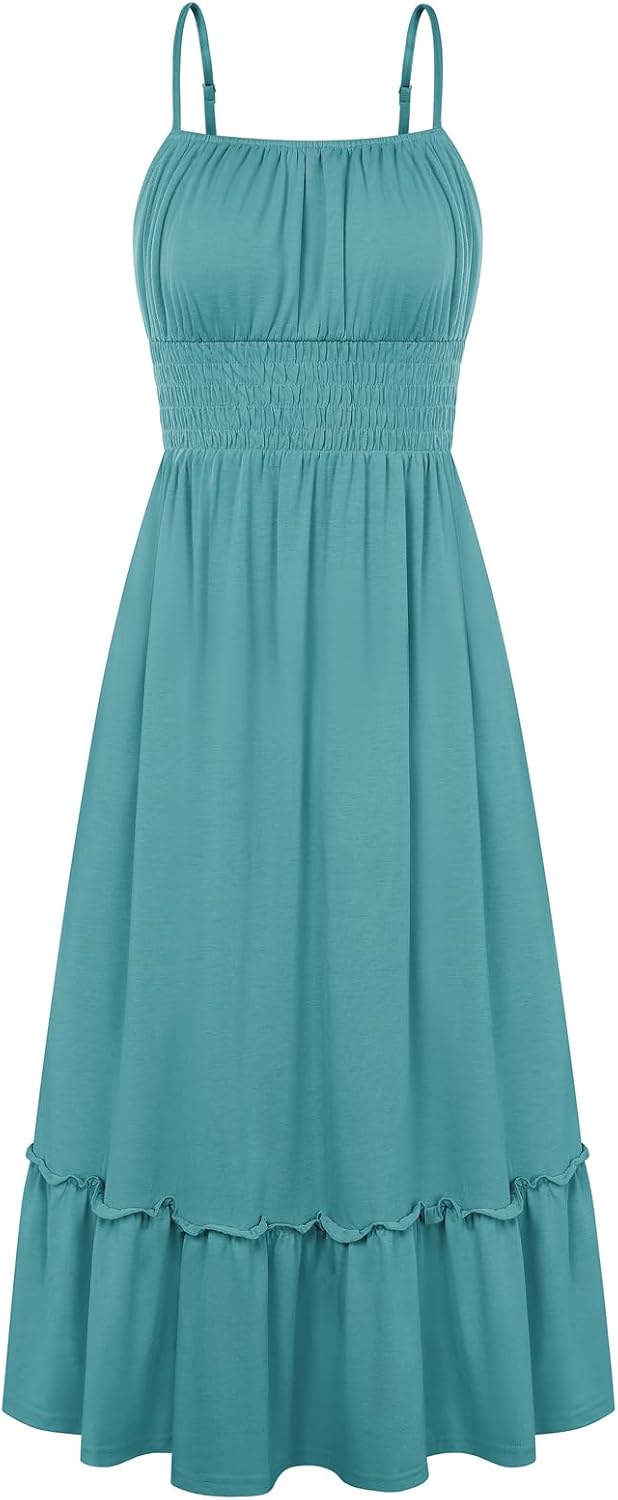 GRACE KARIN Women's Summer Maxi Dresses 2026 Beach Vacation Dress | Casual, Smocked Waist, Spaghetti Strap, Sleeveless, Boho Sundress With Pockets, Trendy Fashion Outfits