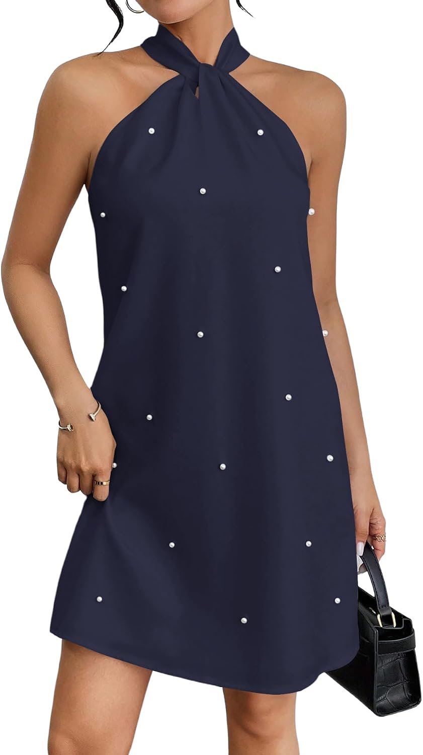 Floerns Women's Pearl Beaded Halter Twist Sleeveless Tie Back Dress | Garden Wedding Guest, Cocktail, Going Out, Pretty A Line, Vacation, Summer, Elegant Casual Outfit