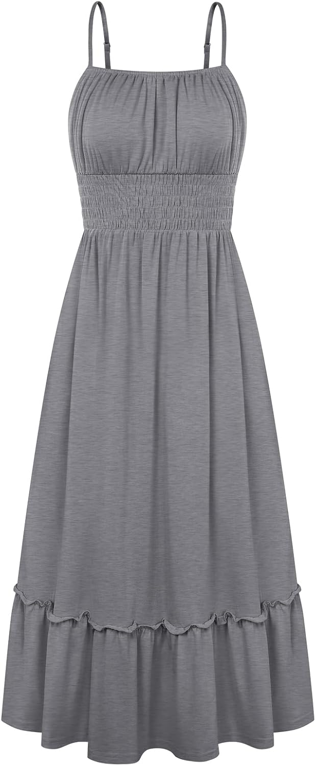 GRACE KARIN Women's Summer Maxi Dresses 2026 Beach Vacation Dress | Casual, Smocked Waist, Spaghetti Strap, Sleeveless, Boho Sundress With Pockets, Trendy Fashion Outfits