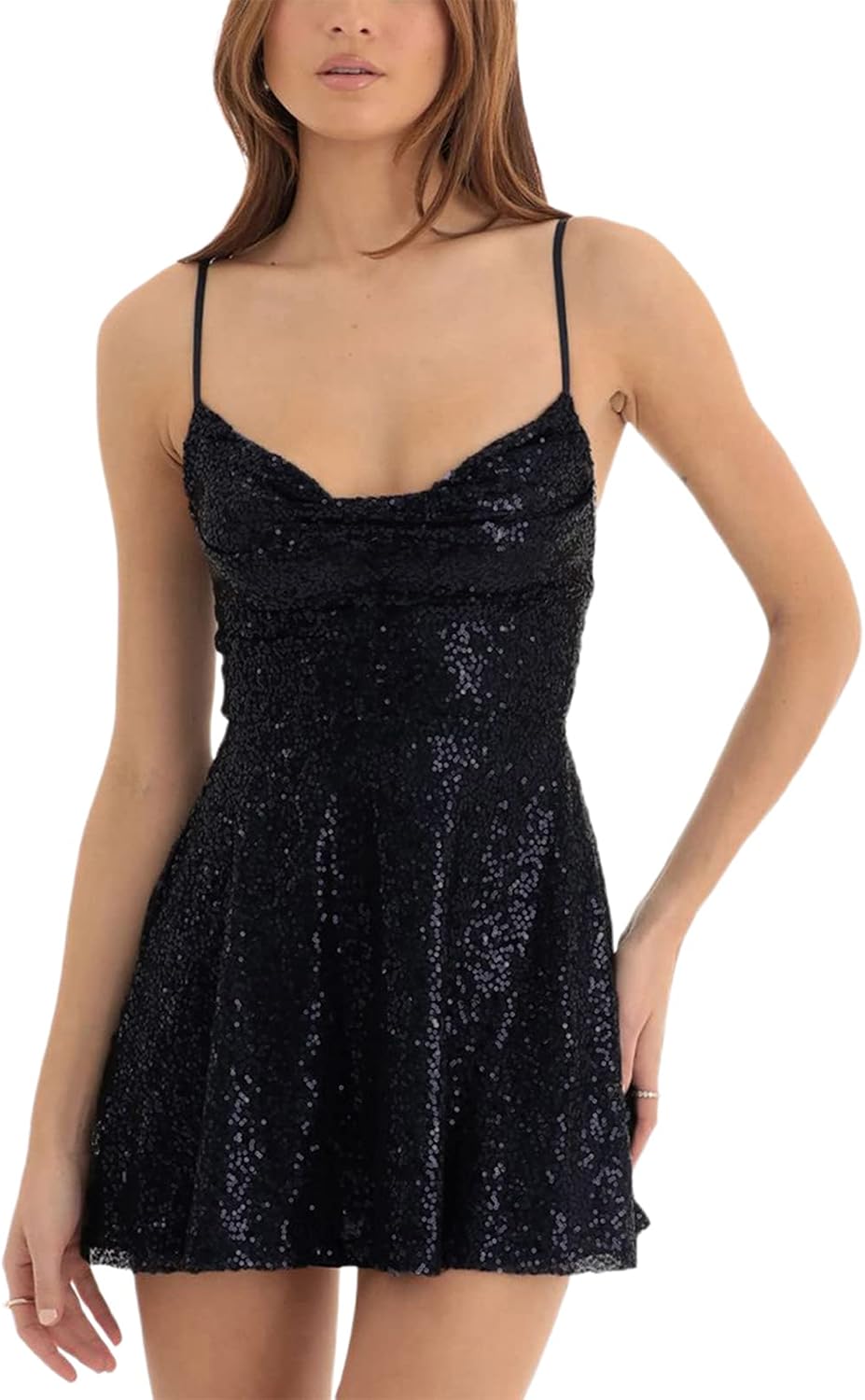 Cjfdfy Women's Summer Sparkly Sequin Mini Dress | Lace-Up Back, A-Line Flowy, Draped Cowl Square Neck, Sexy Sleeveless Backless, Y2K Party Cocktail Homecoming Clothes