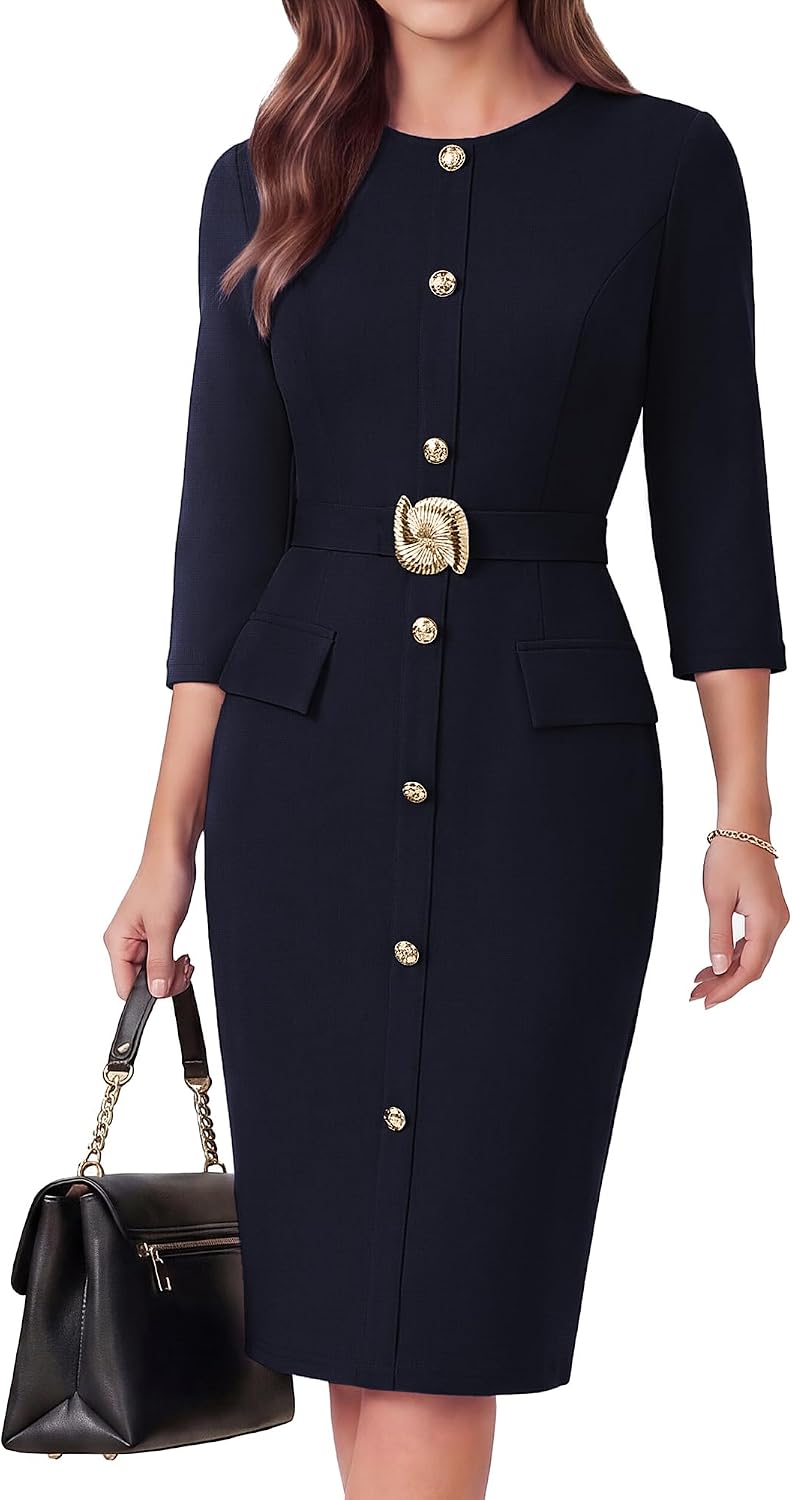 GRACE KARIN Women's 3\/4 Sleeve Work Office Business Casual Dress | 2026 Elastic Belt,Crew Neck,Back Zipper,Knee Length,Bodycon Outfits Suitable for Funral,Church,Cocktail,Professional