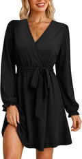 OFEEFAN Womens Wrap V Neck Dress Long Sleeve Belted Fall a Line Dress 2026 | Knee Length Dress,Wedding Guest Dress,Elastic Waist with Belt,Soft Stretch Fabric,Dressy Casual,Solid Floral Prints