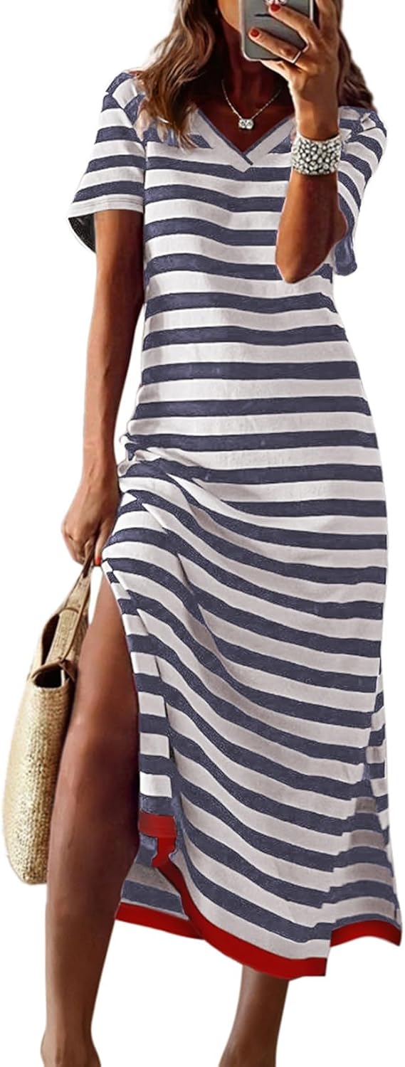 Dokotoo Womens 2026 Short Sleeve Maxi Dress Striped Split T Shirt Dress | Summer Spring Fall,V Neck,Long Dresses,Sundress,Casual Trendy,Vacation Cruise Outfits,Resort Wear