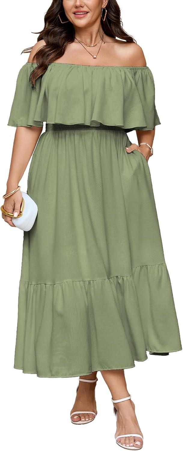 SCOMCHIC Womens Plus Size Wedding Guest Cocktail Dresses | Off The Shoulder, Smocked Waist， Ruffle Slit， Maxi Dress with Pockets
