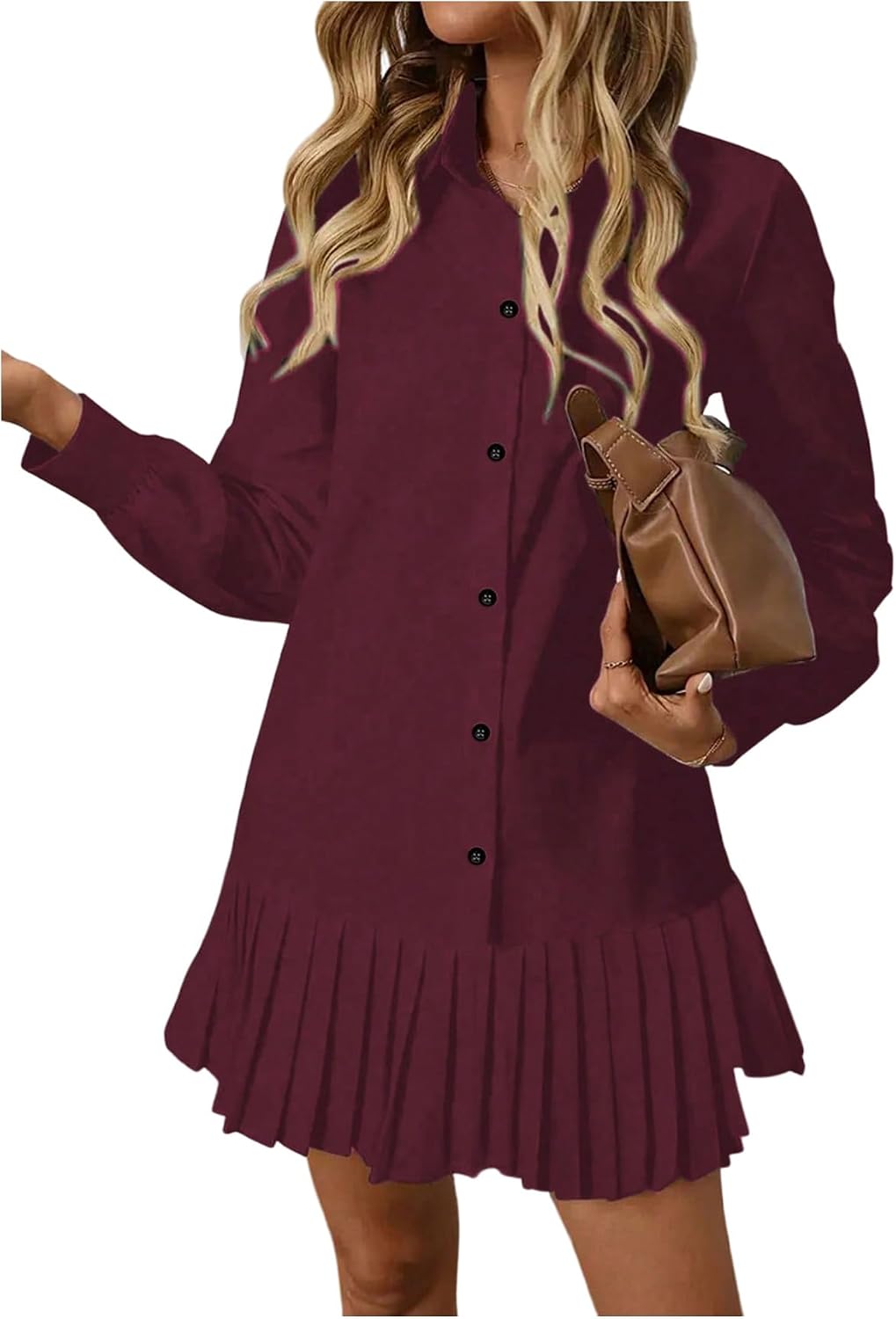 SOLY HUX Women's Button Down Long Sleeve Shirt Dress | Collared, Pleated, Swing Mini Dresses