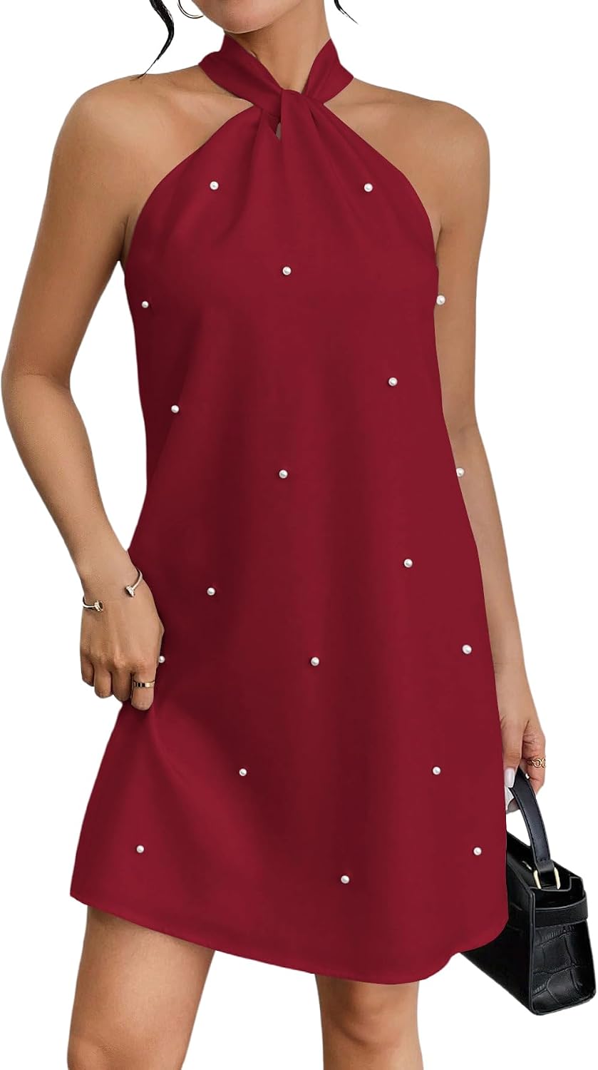Floerns Women's Pearl Beaded Halter Twist Sleeveless Tie Back Dress | Garden Wedding Guest, Cocktail, Going Out, Pretty A Line, Vacation, Summer, Elegant Casual Outfit