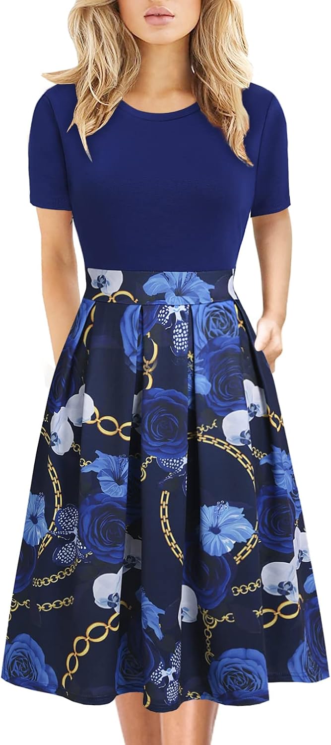 Women's Elegant Knee Length Dresses Vintage Summer Office Casual Floral Print Work Party A-Line Swing Dress with Pockets 162