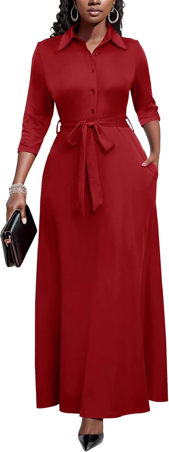 Runwind Womens Maxi Dress 3\/4 Sleeve Button Down Church Dress with Pockets | lapel neck tie waist long dress with belt\/ casual bussiness office dress\/ elegant for wedding guest, dinner party