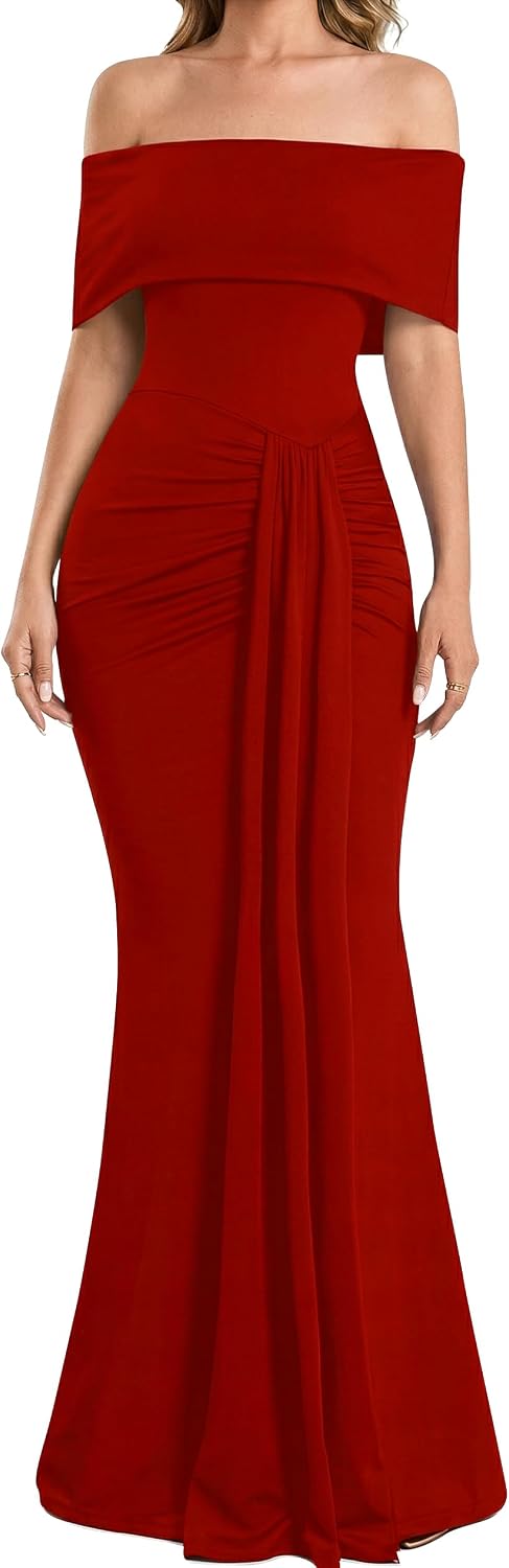 YMDUCH Women's Elegant Off Shoulder Sleeveless Long Formal Dress | Stretch,Ruched,Bodycon,Mermaid,Slim Fit,Solid,Evening,Wedding Guest,Birthday,Bridesmaid,Cocktail,Maxi,Fashion