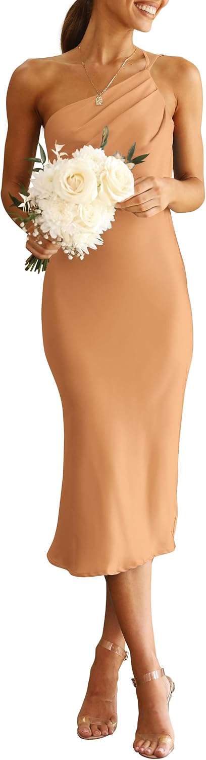 PRETTYGARDEN Women's Satin Backless Midi Cocktail Dress | Silk Fabric, Spaghetti Strap, One Shoulder Asymmetrical, Ruched Bodycon, Wedding Guest Party, Semi Formal Summer Outfits