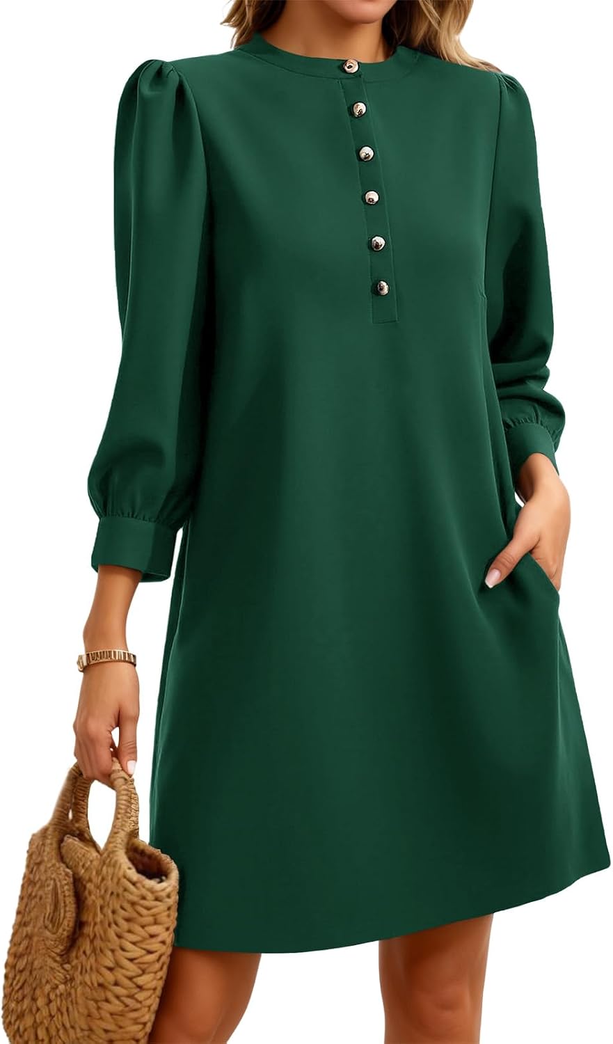Wenrine Womens 3\/4 Puff Sleeve Mini Dress Button Crewneck Elegant Casual Business Shift Dresses 2026