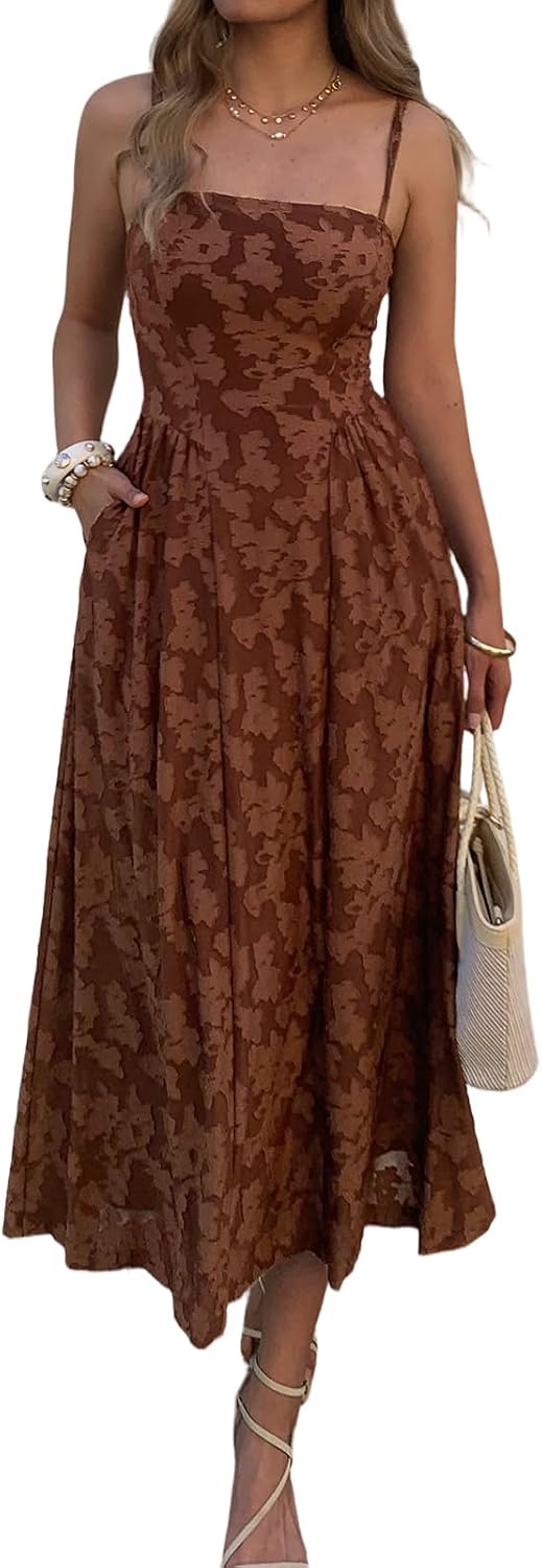 Evzeiem Women's Wedding Guest Spaghetti Strap Maxi Dress with Pockets | Square Neck Floral Jacquard, Flowy A\u2011line Cut, Boho Casual Summer Long Sundress for Cocktail, Bridal Shower & Beach Vacation