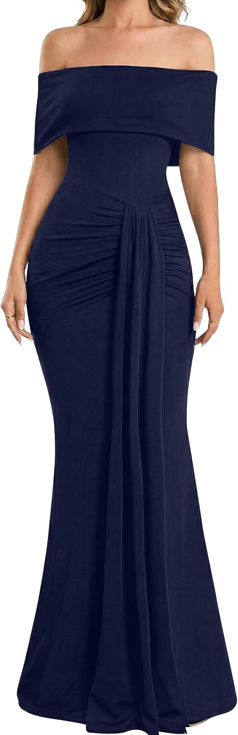 YMDUCH Women's Elegant Off Shoulder Sleeveless Long Formal Dress | Stretch,Ruched,Bodycon,Mermaid,Slim Fit,Solid,Evening,Wedding Guest,Birthday,Bridesmaid,Cocktail,Maxi,Fashion