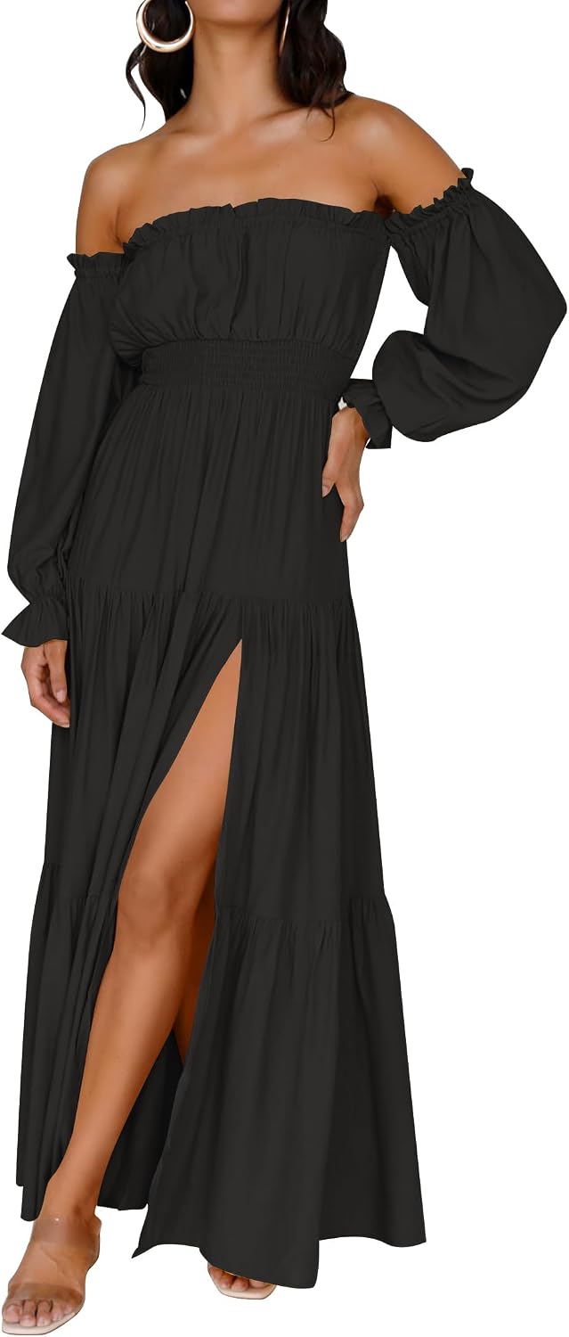 ZESICA Womens Fall Long Sleeve Boho Off Shoulder Maxi Dresses | Sexy Side Split, Flowy A Line, Puff\/Lantern Sleeve, High Waist, 2026 Trendy Long Dress, Wedding Guest Dress, Maternity Dress