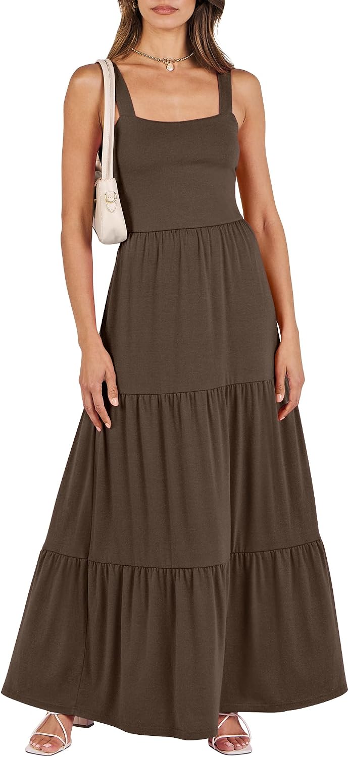 ANRABESS Women's Summer Flowy Maxi Dress Square Neck Sundress with Pockets | Casual Beach Travel Vacation Sleeveless Sun Dress, A-line Boho Tiered Tank Top Long Dresses