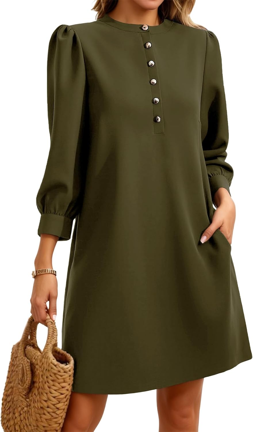 Wenrine Womens 3\/4 Puff Sleeve Mini Dress Button Crewneck Elegant Casual Business Shift Dresses 2026