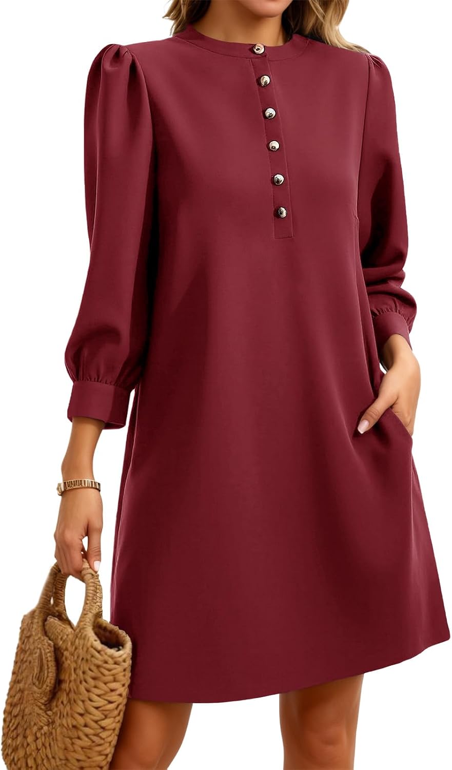Wenrine Womens 3\/4 Puff Sleeve Mini Dress Button Crewneck Elegant Casual Business Shift Dresses 2026