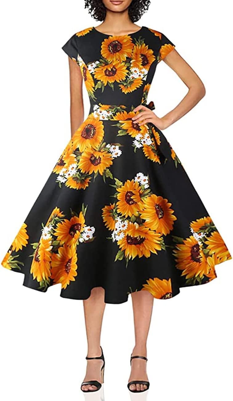 PUKAVT Women's Vintage 1950s Dress Cocktail Party Dress | Cap Sleeve Dress, Wedding Guest Dress, Homecoming Dress, Daily Work Dress, Halloween dress, Tea Party Dress, Date Night Dress