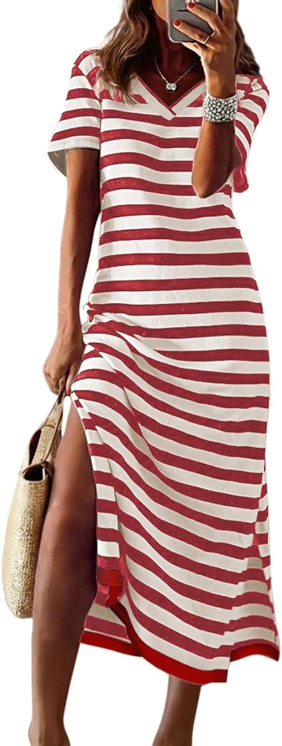 Dokotoo Womens 2026 Short Sleeve Maxi Dress Striped Split T Shirt Dress | Summer Spring Fall,V Neck,Long Dresses,Sundress,Casual Trendy,Vacation Cruise Outfits,Resort Wear
