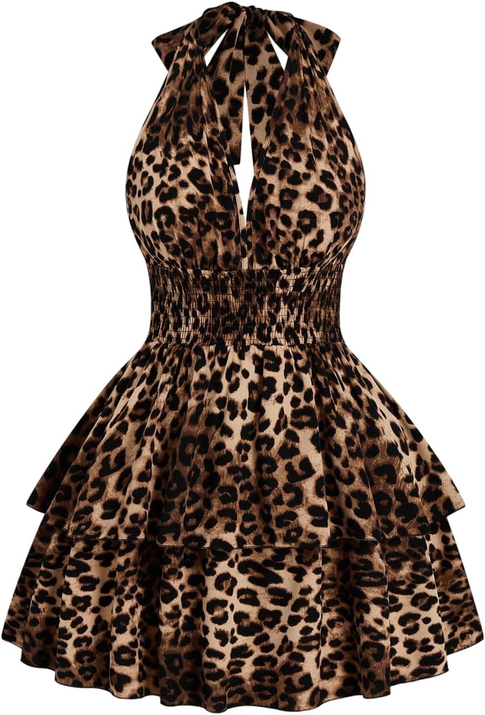 Floerns Women's Plus Size Cheetah Halter Short Dress Sleeveless Shirred Layered Ruffle Hem Y2k Going Out Mini Dresses