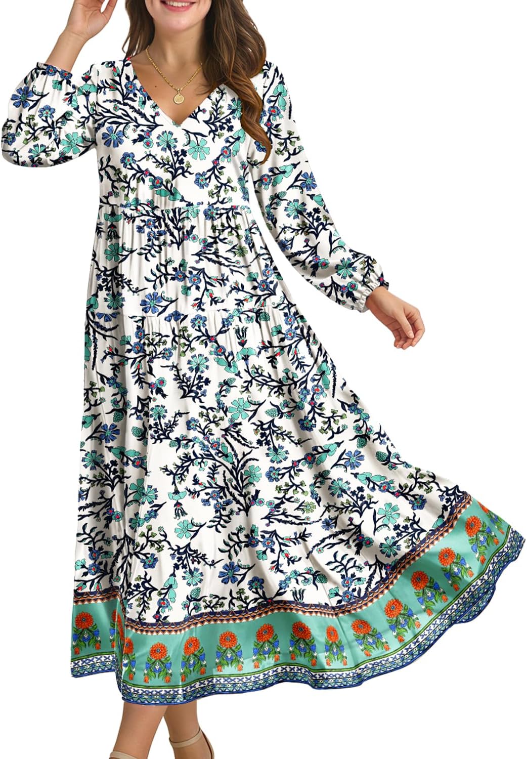 YESNO Women Fall Casual Maxi Dresses Long Lantern Sleeve EVFP2 | V Neck, long sleeve, tiered skirt, flowy beach vacation outfits, spring fall maxi dress with pockets, strap tie